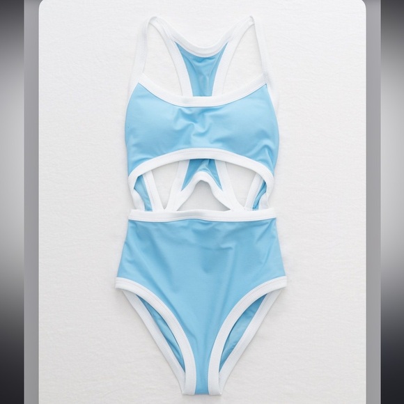 Aerie One Piece Colorblock Swimsuit with Cut Outs Aqua Blue - Picture 2 of 8